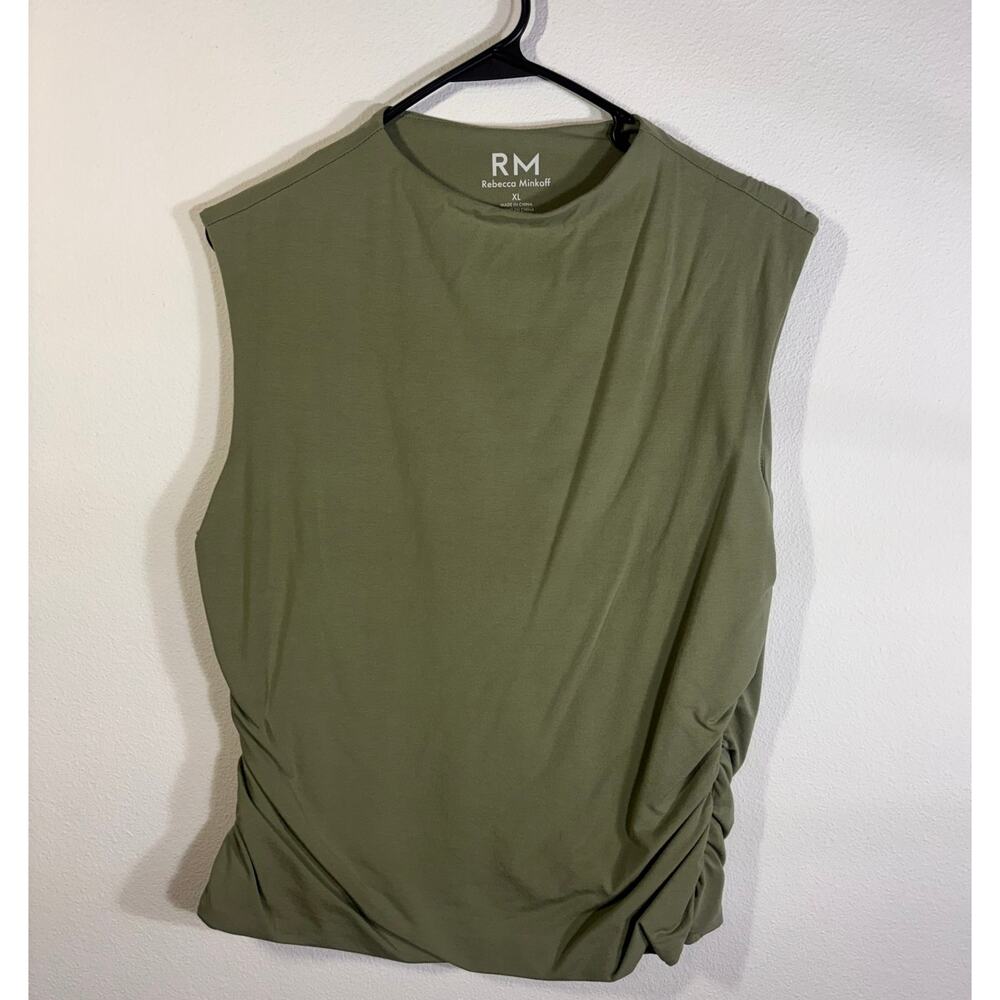 Rebecca Minkoff RM Olive Green Sleeveless Ruched Top XL Stretch Knit
